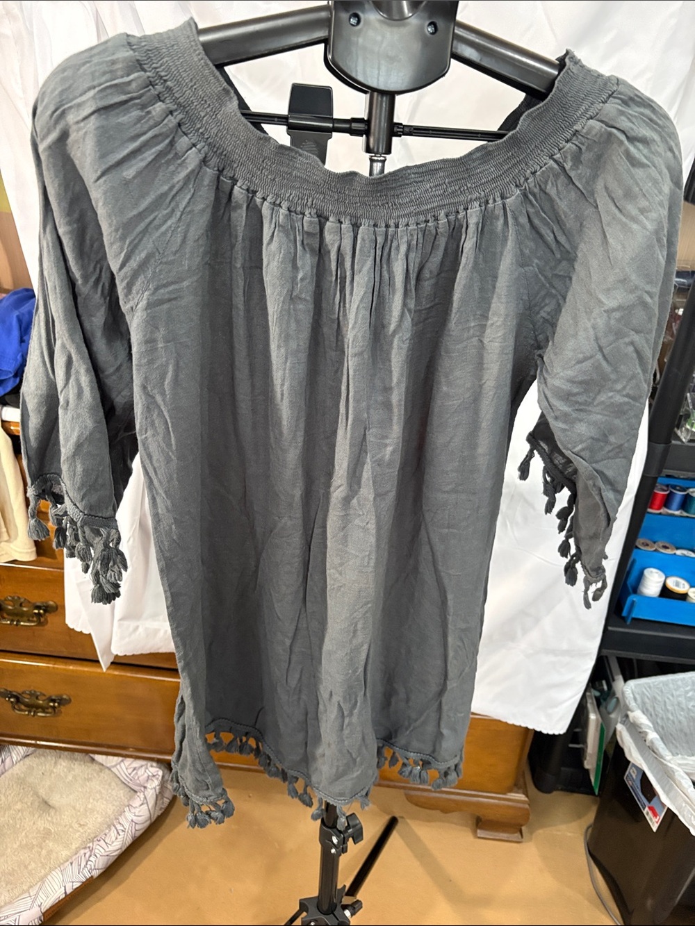 Womens Charcoal Off-Shoulder Tassel Hem Tunic